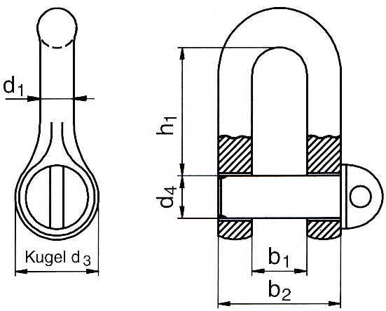 Schäkel ähnlich DIN 82101 mit Schraubbolzen, Bolzen, Mutter und Splint oder  mit Schlitzbolzen